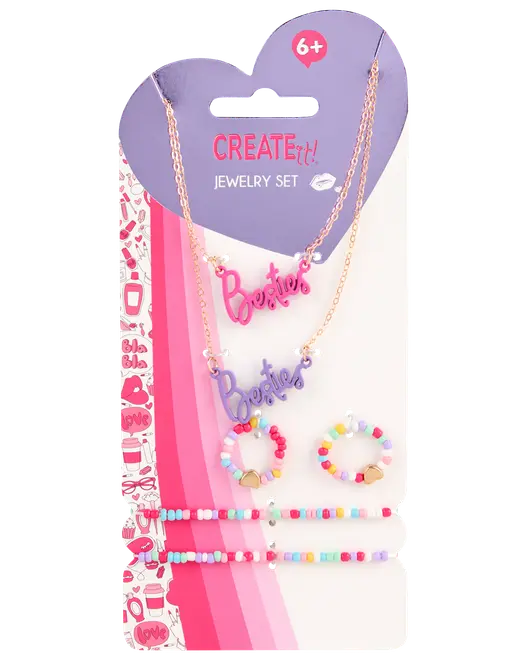 Smykkesæt med to 'Besties'-halskæder, to perleringe og to perlearmbånd i farverige pastelfarver. Velegnet til børn fra 6 år.