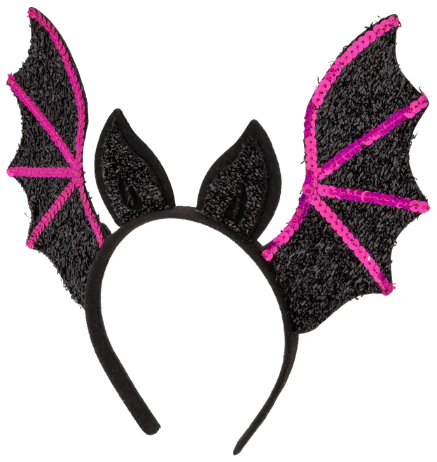 Svart hårband med fladdermusöron och vingar, dekorerat med rosa paljetter. Vingarna har rosa linjer för en festlig look.