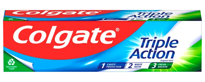 Colgate Triple Action tandpasta, original mint. Giver hulbeskyttelse, hvidere tænder og frisk ånde. Kommer i genanvendelig tube med rød, blå og grøn emballage.