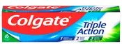 Colgate Triple Action tandpasta, original mint. Giver hulbeskyttelse, hvidere tænder og frisk ånde. Kommer i genanvendelig tube med rød, blå og grøn emballage.