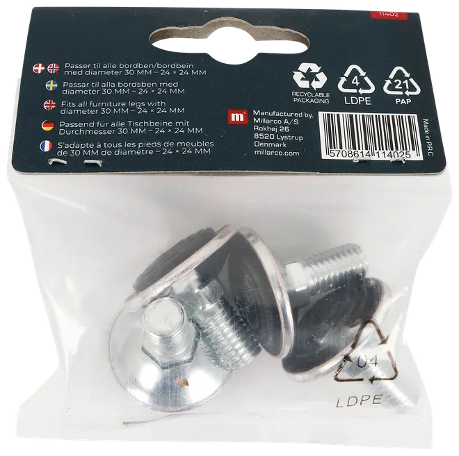 Sæt justerbare møbelben i metal med sorte gummifødder, passer til 30 mm diameter. Pakket i klar plastpose med produktinformation på papheader.