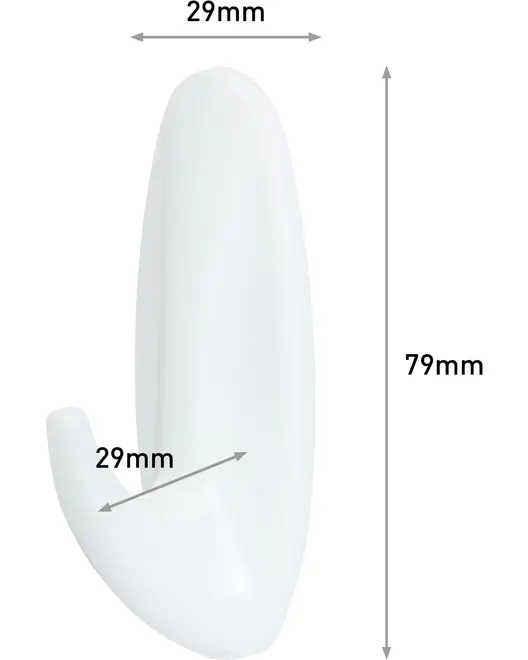 Vit plastväggkrok, 79mm hög och 29mm bred, med en böjd krok på 29mm. Slät yta, passar för nycklar, handdukar eller små tillbehör.
