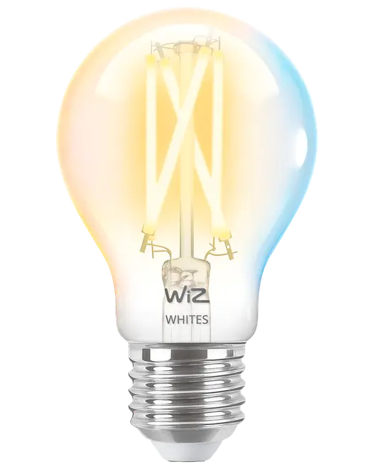 Klar LED-pære med synlige filamenter, standard skruefatning og "WiZ WHITES" mærkning. Udsender justerbart hvidt lys, velegnet til smart home belysning. Klassisk A-form.
