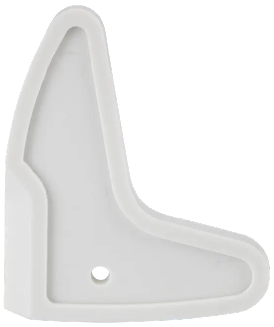 Vit plastfena för surfbräda med ett skruvhål för montering. Slät yta, lätt böjd design, passar för utbyte eller anpassning av surf- eller paddleboards.