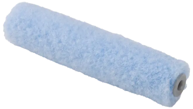 Lyseblåt malerrullebetræk med blød, fnugget overflade og plastkerne. Cylindrisk form, velegnet til jævn maling af vægge og lofter. Passer til standard rullestativer.