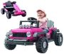 Lyserød elbil til børn, designet som en terrængående jeep med store dæk, forlygter, rat og sæde. Perfekt til udendørs leg. Barn medfølger ikke.