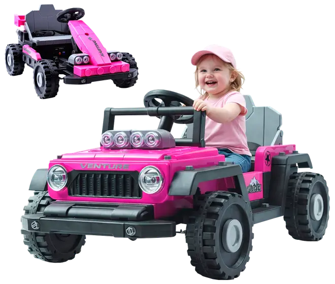 Lyserød elbil til børn, designet som en terrængående jeep med store dæk, forlygter, rat og sæde. Perfekt til udendørs leg. Barn medfølger ikke.