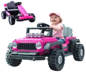 Lyserød elbil til børn, designet som en terrængående jeep med store dæk, forlygter, rat og sæde. Perfekt til udendørs leg. Barn medfølger ikke.