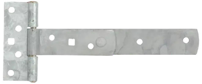 Galvaniseret T-hængsel i stål med flere skruehuller, egnet til porte eller døre. Rektangulær monteringsplade og lang strop. Korrosionsbestandig overflade til udendørs brug.