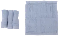 Sæt med tre lyseblå vaskeklude i blødt frotté, én udfoldet for at vise firkantet form og tekstur. Velegnet til ansigts- eller kropsvask, maskinvaskbar.