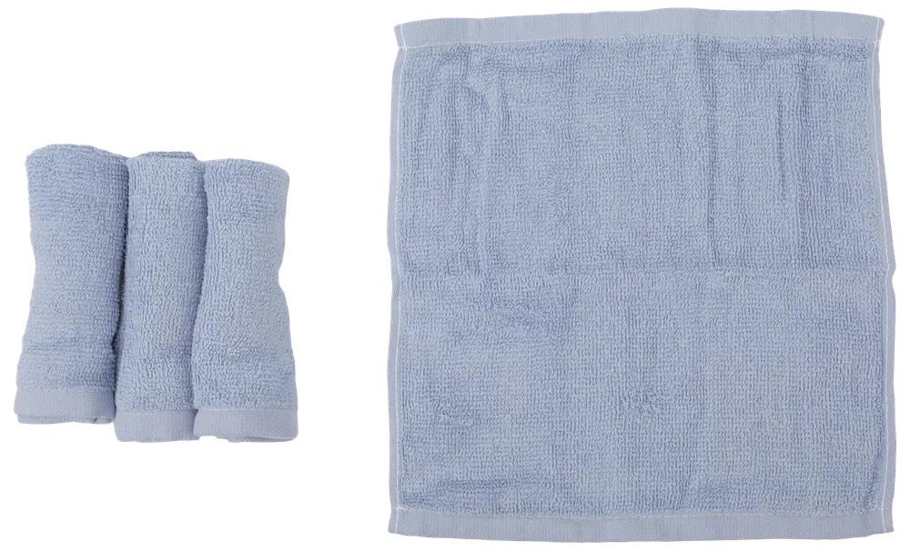 Sæt med tre lyseblå vaskeklude i blødt frotté, én udfoldet for at vise firkantet form og tekstur. Velegnet til ansigts- eller kropsvask, maskinvaskbar.