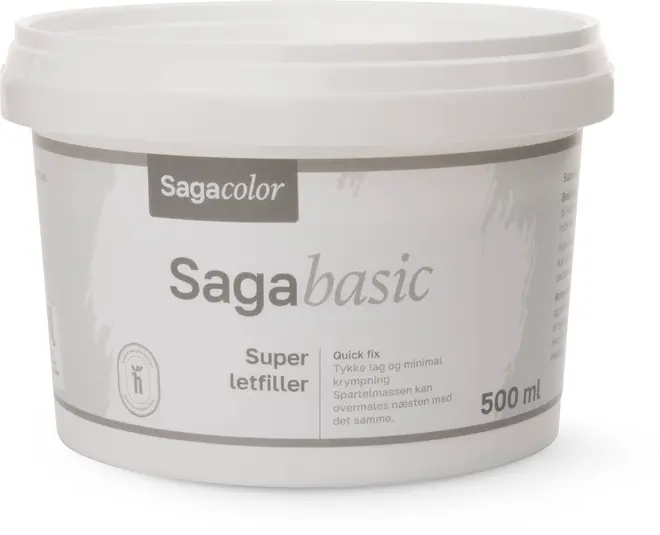 Sagacolor Sagabasic Super letfiller, 500 ml plastbøtte. Hurtig reparation af vægge, minimal krympning, kan overmales hurtigt. Hvid beholder med gråt mærkat.