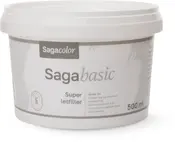 Sagacolor Sagabasic Super letfiller, 500 ml plastbøtte. Hurtig reparation af vægge, minimal krympning, kan overmales hurtigt. Hvid beholder med gråt mærkat.