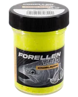 Glas med Forellenteig ørreddej med hvidløgssmag, skriggul med glimmer, sort skruelåg og etiket med fisk og hvidløg. Perfekt til lystfiskeri.