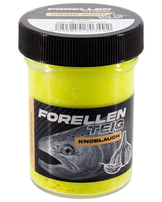 Burk med Forellenteig öringdeg med vitlökssmak, klar gul med glitter, svart skruvlock och etikett med fisk och vitlök. Perfekt för sportfiske.