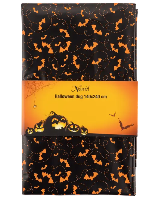 Halloweenduk, 140x240 cm, svart med orange fladdermus- och virvelmönster. Tillverkad av plast, återanvändbar och lätt att rengöra. Perfekt för Halloweenfester.