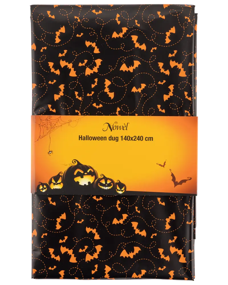 Halloweenduk, 140x240 cm, svart med orange fladdermus- och virvelmönster. Tillverkad av plast, återanvändbar och lätt att rengöra. Perfekt för Halloweenfester.
