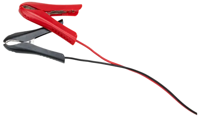 Sæt krokodillenæb, ét rødt og ét sort, hver med isolerede ledninger. Bruges til elektrisk test, batteriforbindelser eller midlertidige kredsløbsforbindelser. Metal kæber giver sikkert greb.