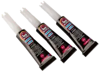 Trepack 3g tuber flytande superlim med precisionsspets, passar för olika material. Svart förpackning med genomskinliga lock, märkt "Super Glue" och "Liquid".