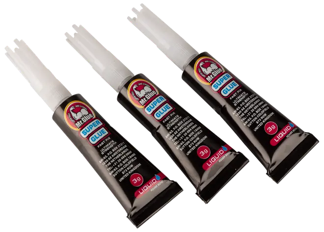 Trepack 3g tuber flytande superlim med precisionsspets, passar för olika material. Svart förpackning med genomskinliga lock, märkt "Super Glue" och "Liquid".