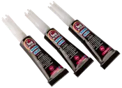 Sæt med tre 3g tuber flydende superlim med præcisionsspids, velegnet til limning af forskellige materialer. Sort emballage med klare hætter, mærket "Super Glue" og "Liquid."