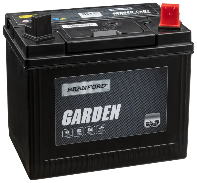 Sort Branford Garden-batteri til havetraktorer med markerede poler og robust plastkabinet. Velegnet til havemaskiner, tydeligt mærket med logo og brugssymboler på fronten.