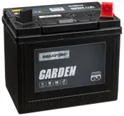 Sort Branford Garden-batteri til havetraktorer med markerede poler og robust plastkabinet. Velegnet til havemaskiner, tydeligt mærket med logo og brugssymboler på fronten.
