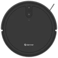 Rund sort robotstøvsuger med to kontrolknapper på toppen, sidebørster og Denver-logo. Enkel, moderne design til automatisk gulvrengøring i hjem eller kontor.