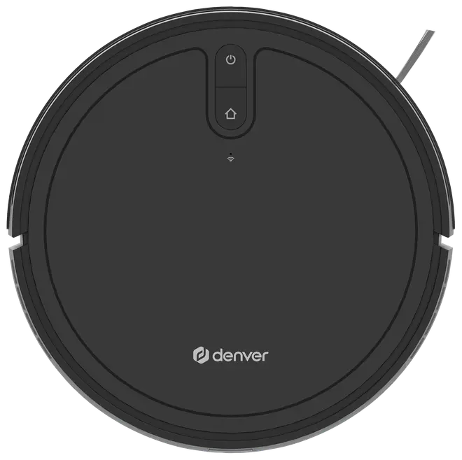 Rund sort robotstøvsuger med to kontrolknapper på toppen, sidebørster og Denver-logo. Enkel, moderne design til automatisk gulvrengøring i hjem eller kontor.