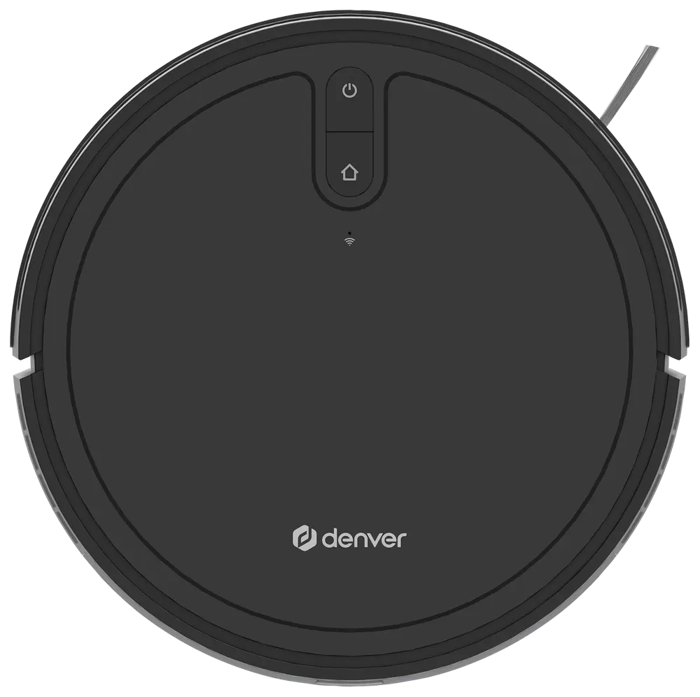 Rund sort robotstøvsuger med to kontrolknapper på toppen, sidebørster og Denver-logo. Enkel, moderne design til automatisk gulvrengøring i hjem eller kontor.