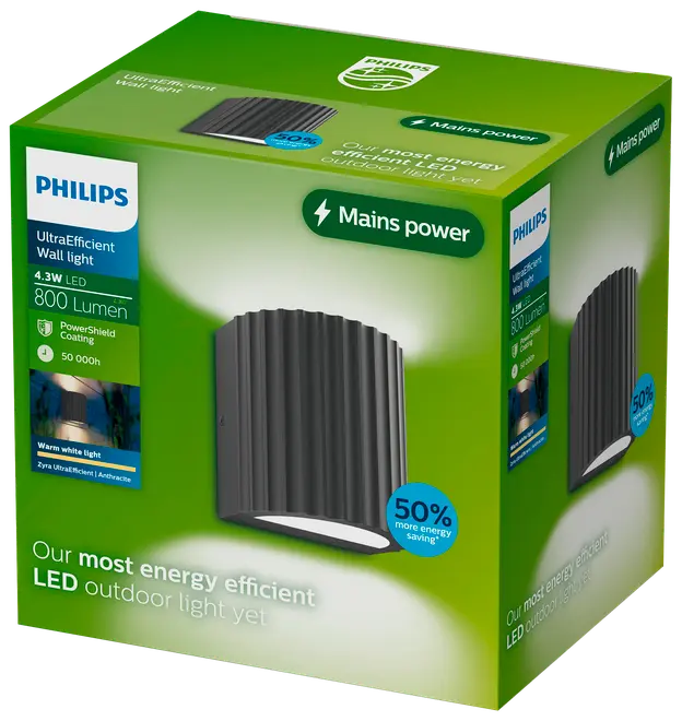 Philips UltraEfficient LED væglampe, 4,3W, 800 lumen, antracitfarve, rillet cylinderdesign, tilsluttes elnettet, 50.000 timers levetid, varm hvidt lys, energibesparende emballage.
