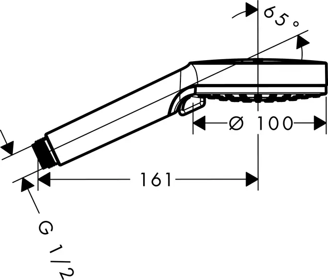 Handhållen dusch med 100 mm duschhuvud, 161 mm handtag, 65 graders vinkel och G 1/2-tums anslutning. Enkel och ergonomisk design.