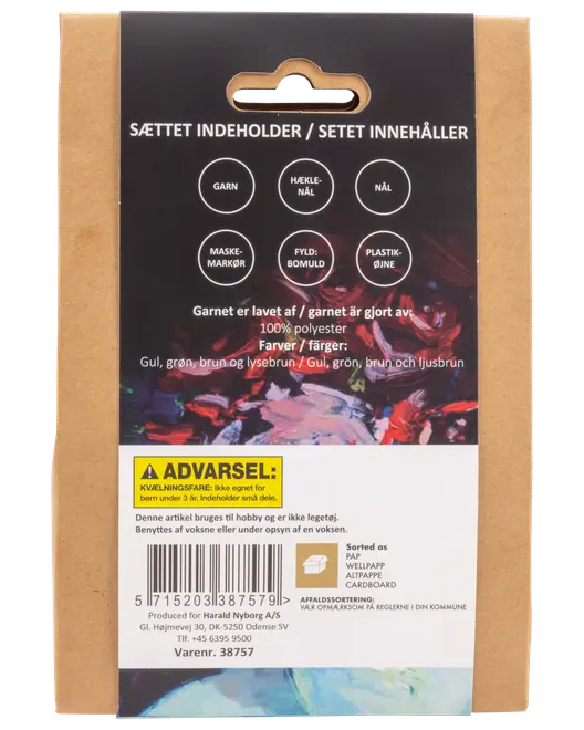 Virkset med garn, virknål, nål, maskmarkör, polyesterfyllning och plastögon. Färger: gul, grön, brun, ljusbrun. Endast för hobbybruk, ej leksak.