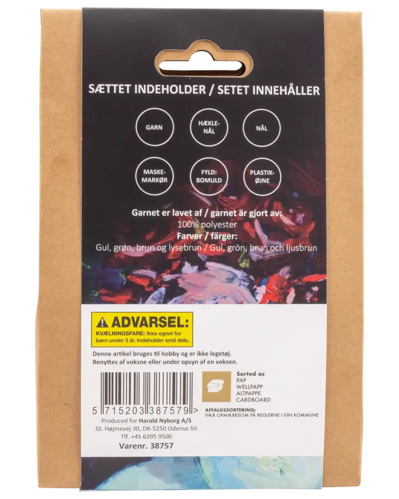 Virkset med garn, virknål, nål, maskmarkör, polyesterfyllning och plastögon. Färger: gul, grön, brun, ljusbrun. Endast för hobbybruk, ej leksak.