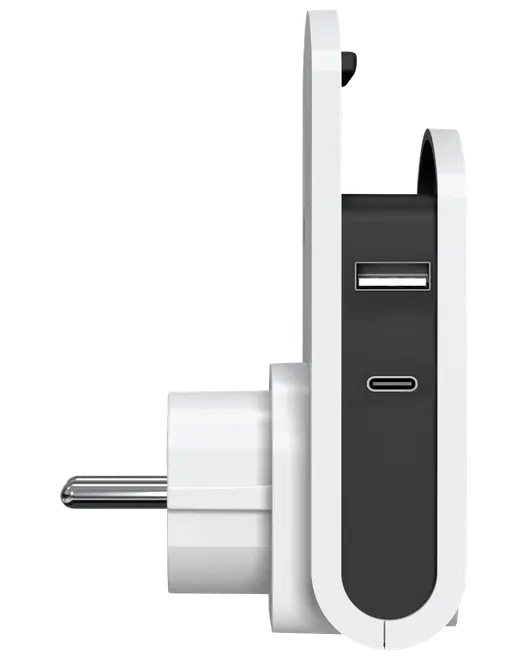 Sidovy av väggladdare med en USB-A och en USB-C port. Kompakt, modern design i svart och vitt. Passar för laddning av flera enheter samtidigt.