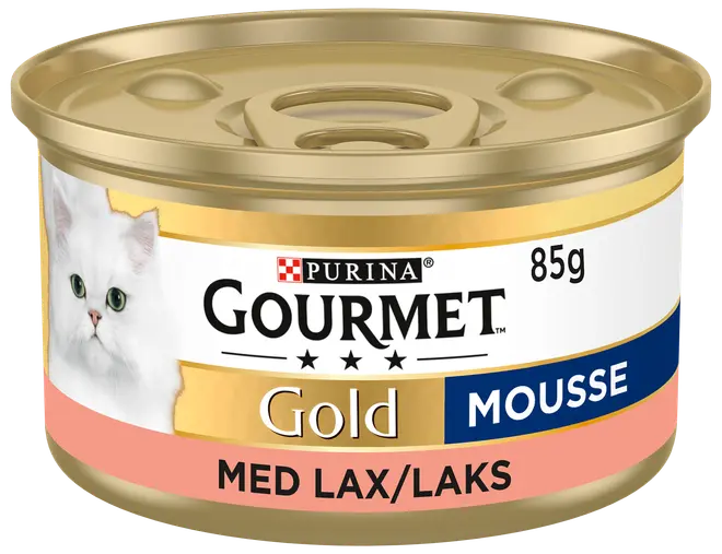 85g burk Purina Gourmet Gold Mousse kattmat med lax, guldfärgat lock, enkel öppning, bild på vit katt, blå, guld och rosa etikett.