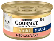 85g burk Purina Gourmet Gold Mousse kattmat med lax, guldfärgat lock, enkel öppning, bild på vit katt, blå, guld och rosa etikett.