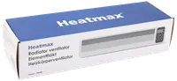 Heatmax elementfläkt i blåvit förpackning med produktbild, digital kontrollpanel och flerspråkig märkning. Utformad för bättre värmefördelning från element.