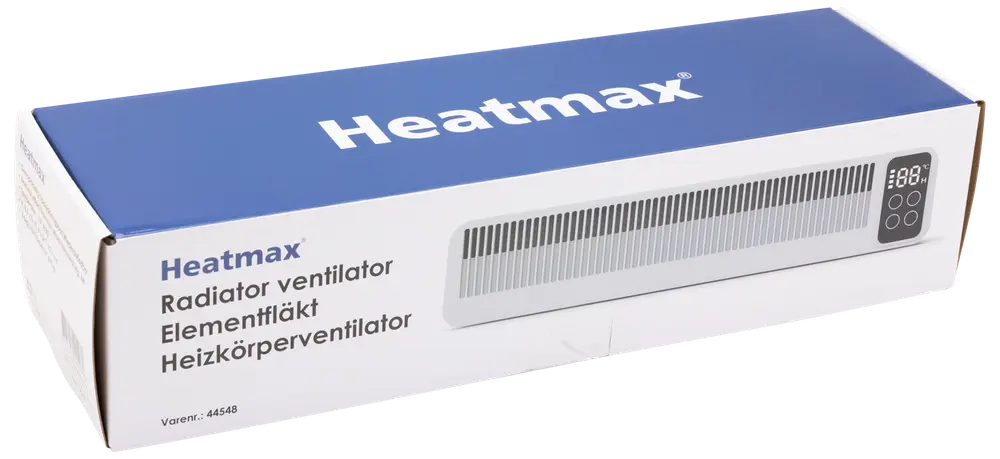 Heatmax elementfläkt i blåvit förpackning med produktbild, digital kontrollpanel och flerspråkig märkning. Utformad för bättre värmefördelning från element.