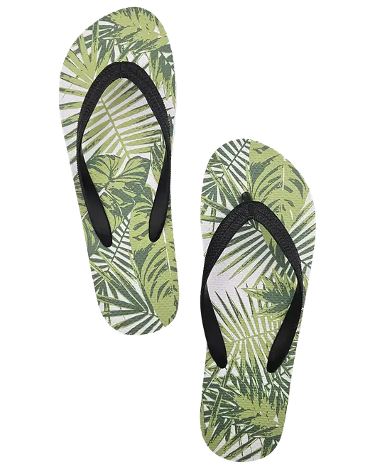 Et par klipklappere med sorte stropper og grønne tropiske blade på sålen. Letvægts og afslappet design, velegnet til strand eller pool. Gummisål for komfort.