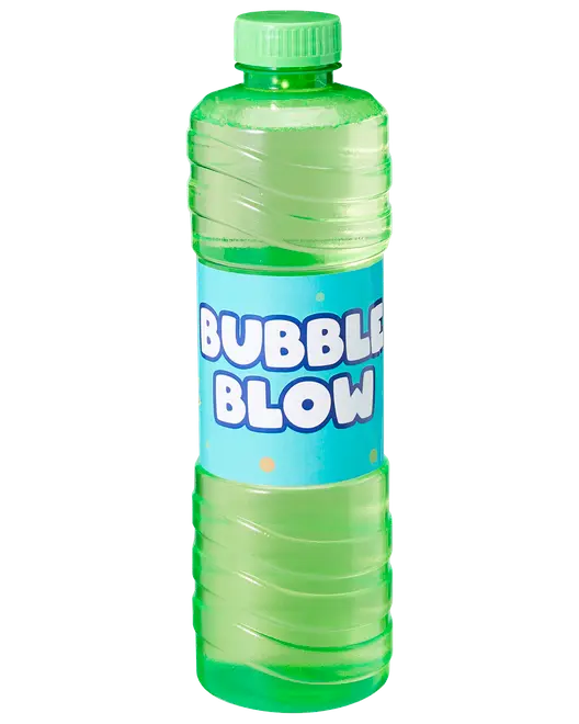Grøn plastflaske med boblevæske, blå etiket med teksten 'Bubble Blow'. Rillede sider for bedre greb, skruelåg, velegnet til genopfyldning af sæbebobler.