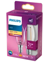 Pakke med to Philips LED E14 pærer, 2W (25W ækvivalent), 250 lumen, varm hvid 2700K, egnet til 220-240V, energiklasse E, designet til øjenkomfort.