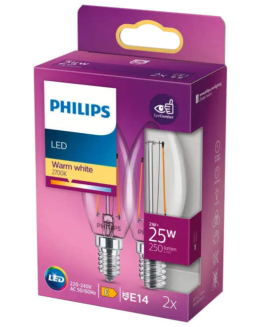 Förpackning med två Philips LED E14-lampor, 2W (25W motsvarighet), 250 lumen, varmvit 2700K, passar 220-240V, energiklass E, utformad för ögonkomfort.