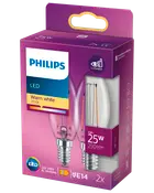Förpackning med två Philips LED E14-lampor, 2W (25W motsvarighet), 250 lumen, varmvit 2700K, passar 220-240V, energiklass E, utformad för ögonkomfort.
