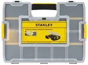 Stanley SortMaster-organisatör med genomskinligt lock, gula lås och svart handtag. Flera justerbara fack för småverktyg, skruvar eller hobbyartiklar.