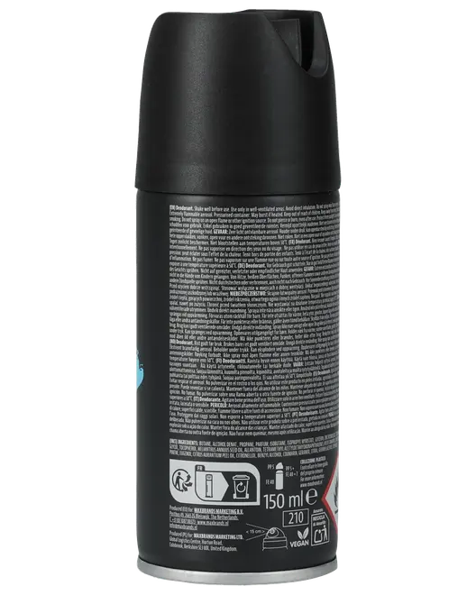Sort aerosolflaske med mat finish, tæt tekst på bagsiden, 150 ml størrelse, vegansk mærke og pumpespray-top.