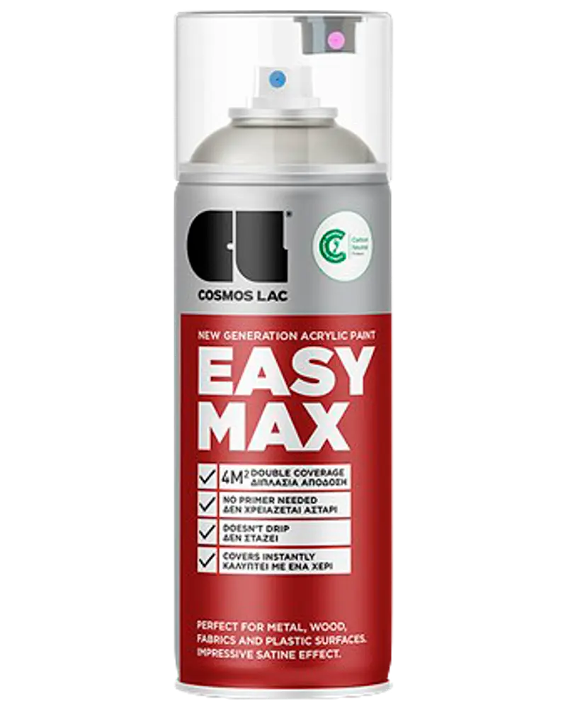 Cosmos Lac Easy Max akryl spraymaling, 400 ml dåse, egnet til metal, træ, stof og plast. Giver dobbelt dækning, satin finish, hurtig tørring og drypfri påføring.