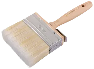 Bred malerpensel med lyse syntetiske børster, solidt træhåndtag og metalbånd. Perfekt til store flader, 100 mm bred. Håndtaget har ophængshul og logo.