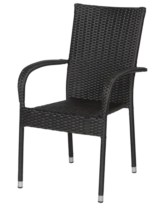 Svart utomhusstol med flätad sits och rygg, metallram, böjda armstöd och silverfärgade benändar. Stapelbar, passar för uteplats eller trädgård.