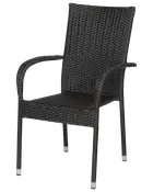 Svart utomhusstol med flätad sits och rygg, metallram, böjda armstöd och silverfärgade benändar. Stapelbar, passar för uteplats eller trädgård.